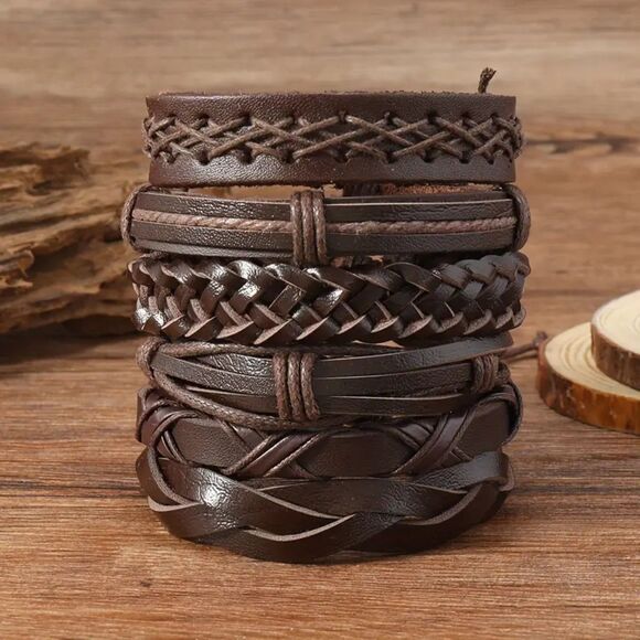 6pcs Vintage Style Braided Bracelet Set, PU Leather - Picture 2 of 4